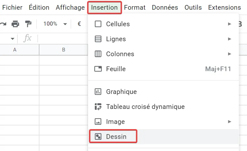 A partir du menu cliquer sur 'Insertion' puis 'Dessin'