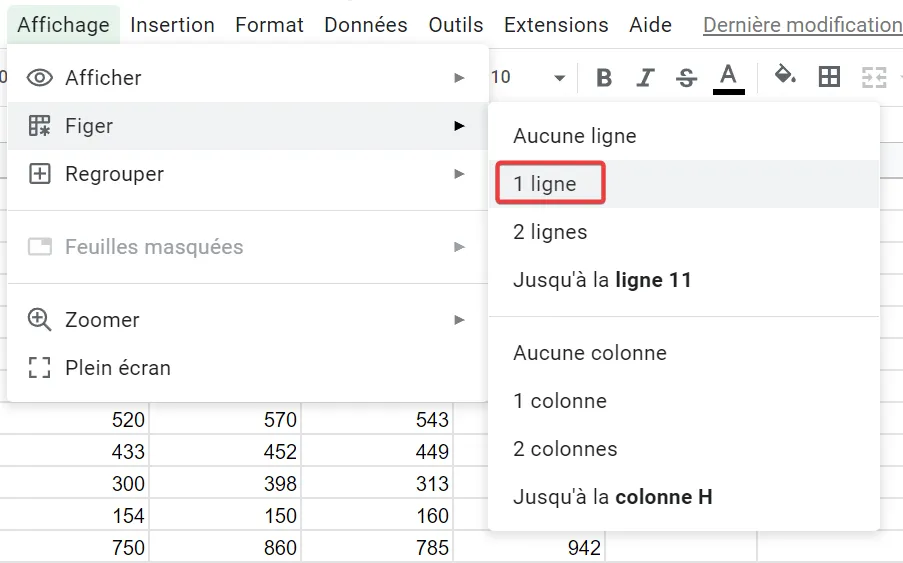Cliquez sur 1 ligne pour figer la première ligne de la feuille de calcul