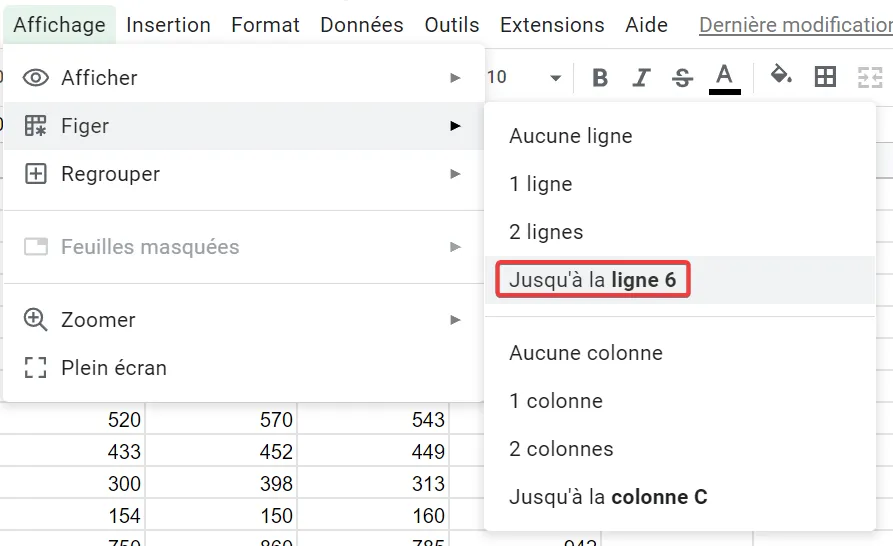 Cliquez sur Jusqu'à la ligne actuelle pour figer plus de deux lignes