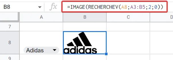 La formule RECHERCHEV qui va chercher l'image à insérer dans Google Sheets