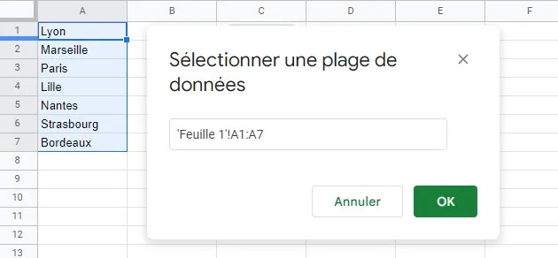 Sélectionnez une plage de données