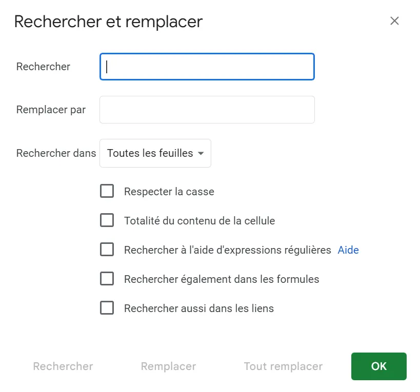 Boîte de dialogue Rechercher et remplacer