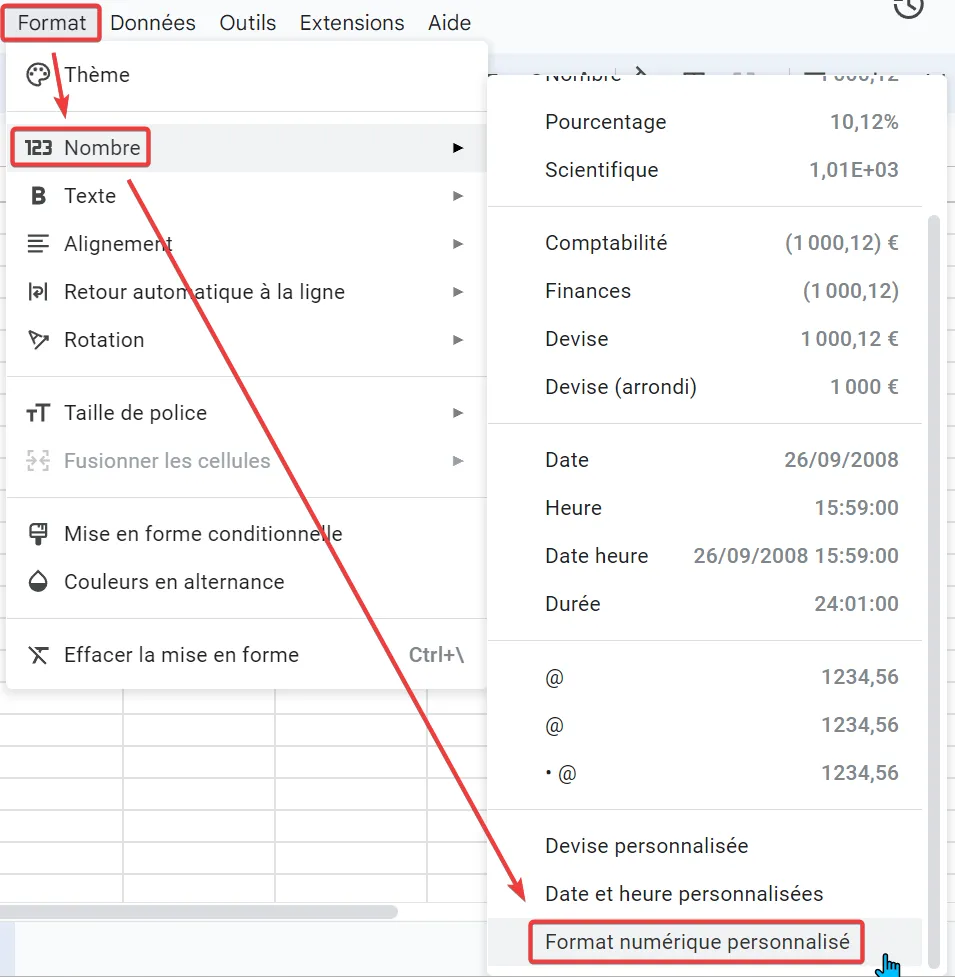 Cliquer sur Nombre puis Format numérique personnalisé