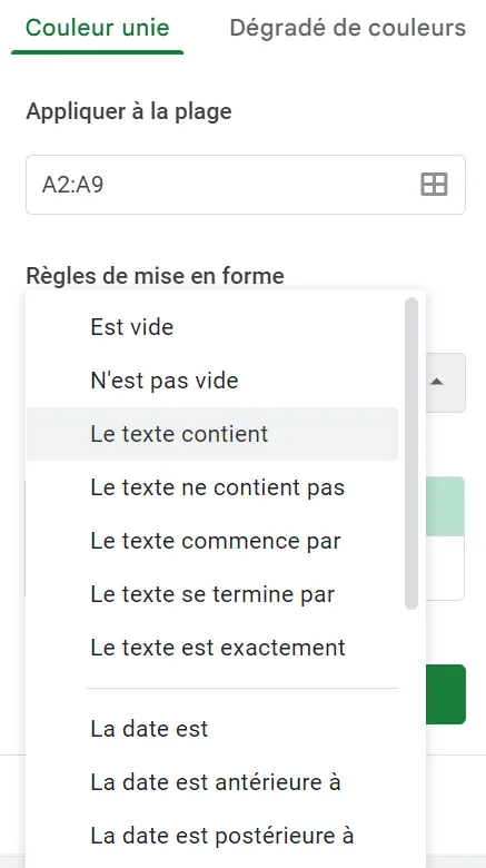 Cliquez sur Le texte contient
