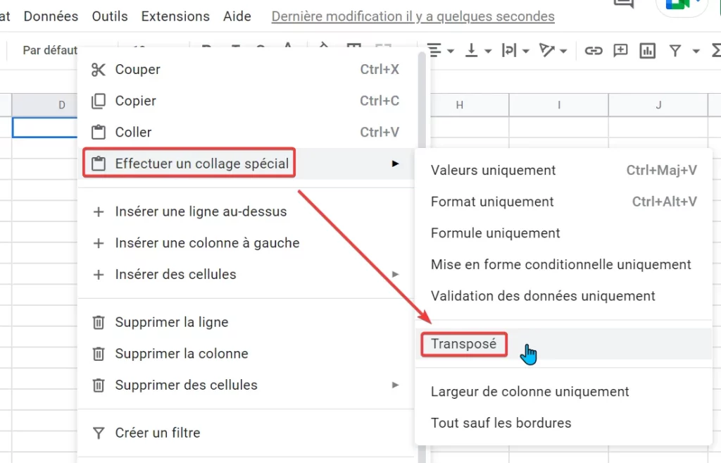 Cliquez sur Transposé