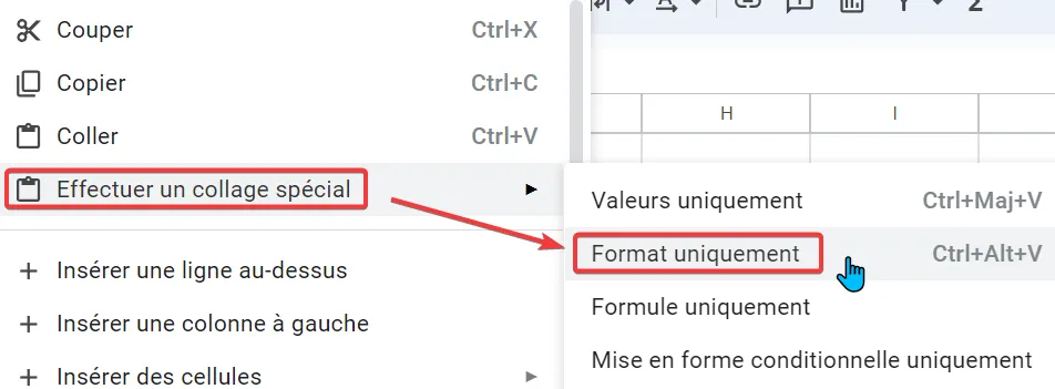 Collage spécial du format uniquement pour copier la mise en retrait dans Google Sheets