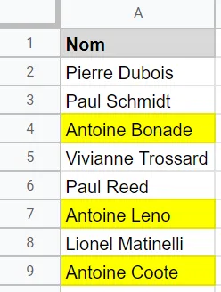 Les données sont mises en évidence en jaune