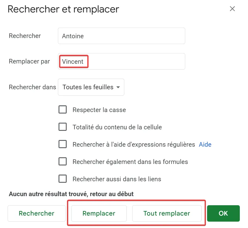 Les options au cas où vous voudriez rechercher et remplacer