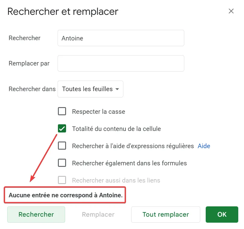 L'intégralité du terme recherché doit être contenu dans la cellule