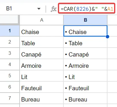 Obtenir une puce dans Google Sheets à l'aide de la formule CAR