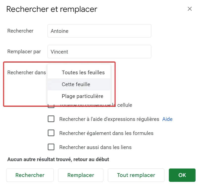 Options de recherche dans la plage, dans la feuille ou dans le classeur