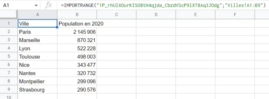 Résultat IMPORTRANGE dans Google Sheets