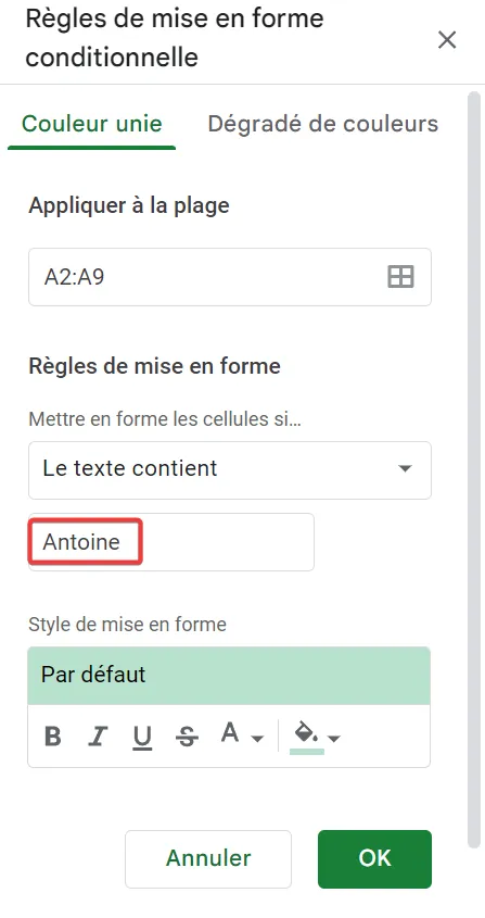 Saisissez Antoine comme texte à rechercher