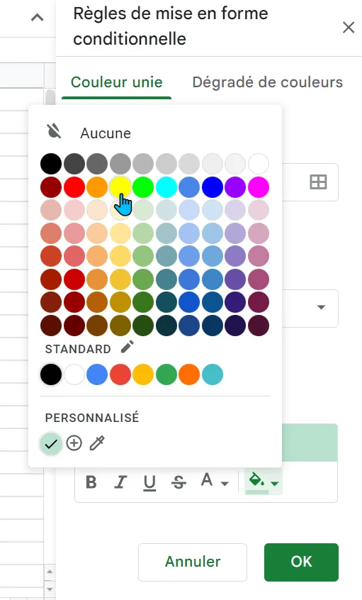 Sélectionnez la couleur dans laquelle mettre en forme la cellule