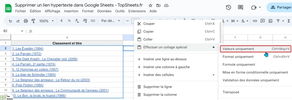 Cliquez sur Coller la valeur uniquement