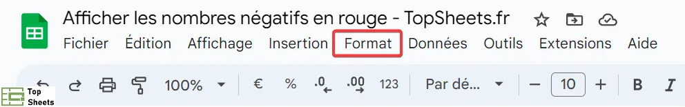 Cliquez sur Format dans la barre de menu