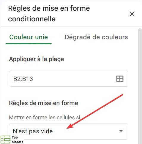 Cliquez sur le menu déroulant Mettre en forme les cellules si…