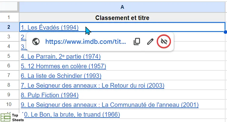 Cliquez sur l'icône supprimer de lien