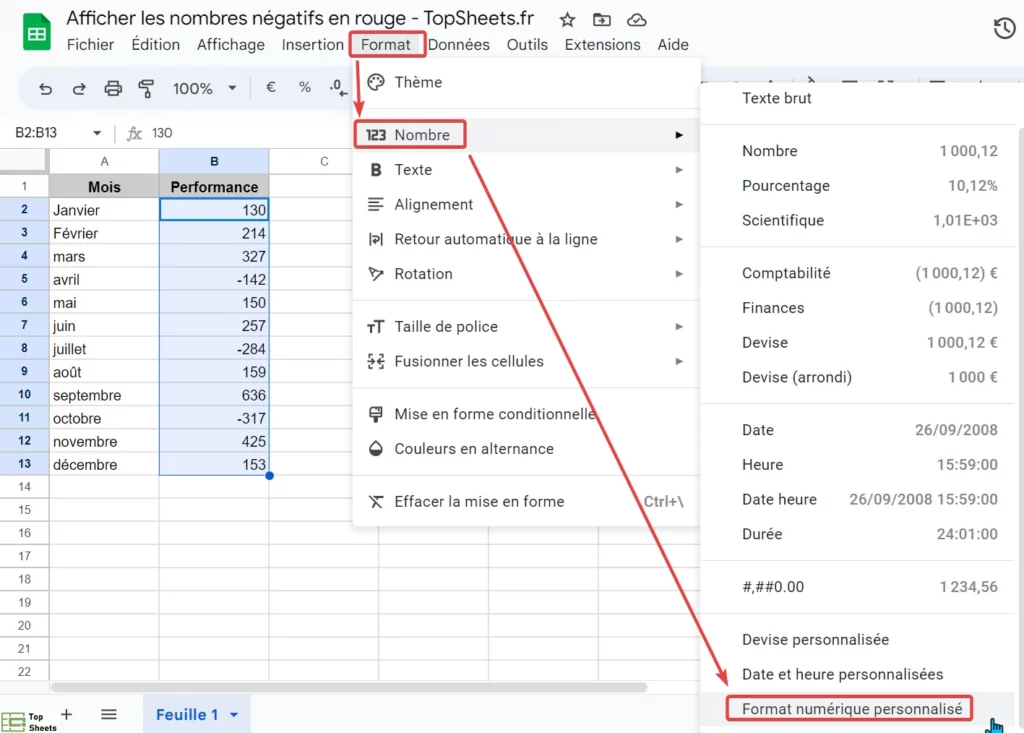 Cliquez sur l'option Format numérique personnalisé