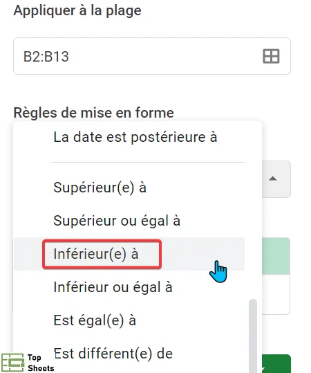 Cliquez sur l'option Inférieur(e) à