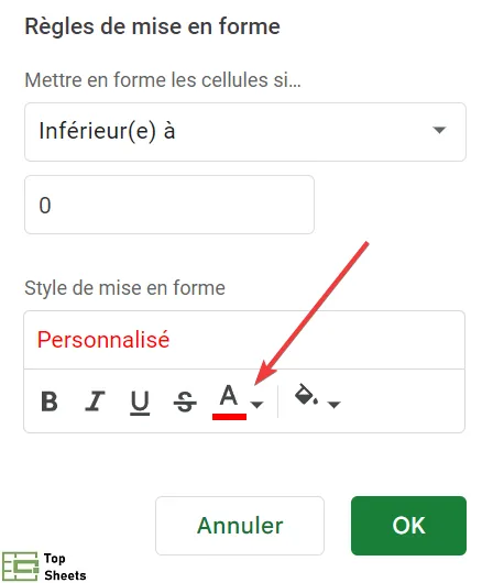 Définissez la couleur sur rouge pour afficher les nombres négatifs en rouge