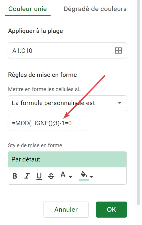Entrez la formule MOD pour la mise en forme conditionnelle