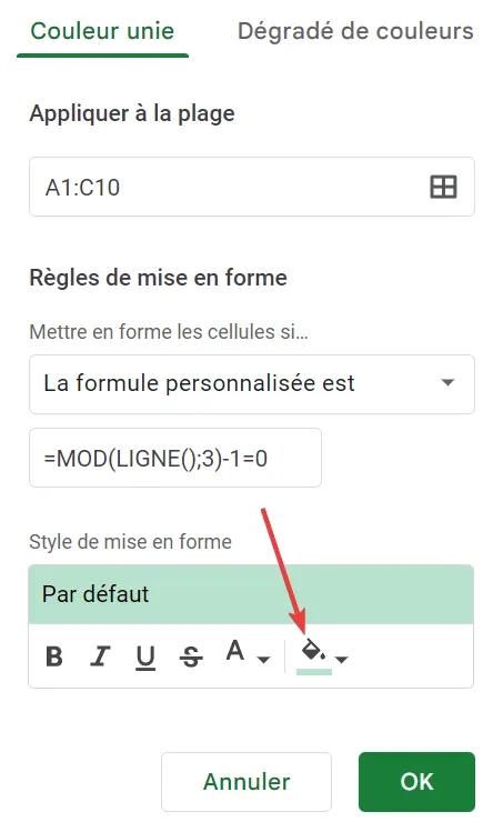 Précisez la couleur dans laquelle vous souhaitez mettre en évidence les lignes alternées