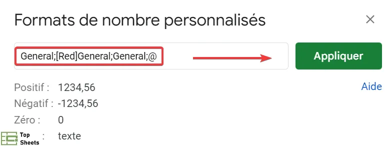 Précisez le format pour afficher les valeurs négatives en rouge, puis cliquez sur Appliquer