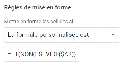 Saisissez la mise en forme suivante =ET(NON(ESTVIDE($A2));EST.IMPAIR(LIGNE()))