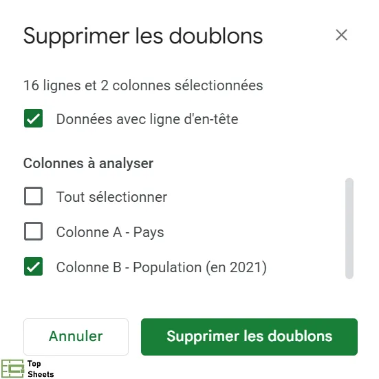 Sélectionner la colonne pour supprimer les doublons au lieu de tout sélectionner