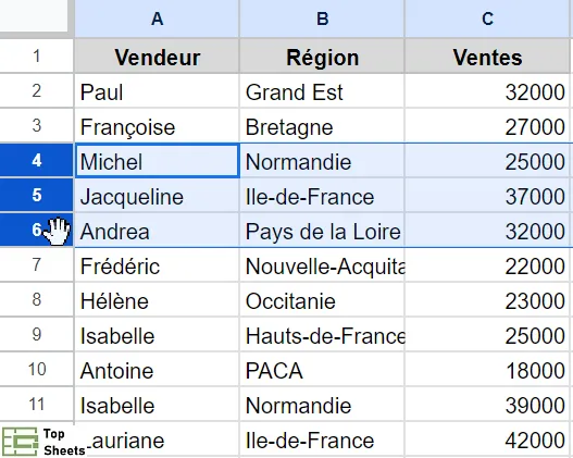 Sélectionnez trois lignes au-dessus desquelles vous souhaitez insérer trois lignes vides