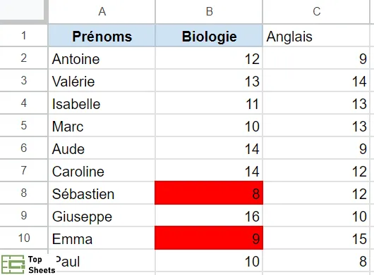 Tableau de données où la mise en forme conditionnelle est déjà appliquée