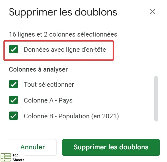 Vérifiez si vos données ont une ligne d'en-tête