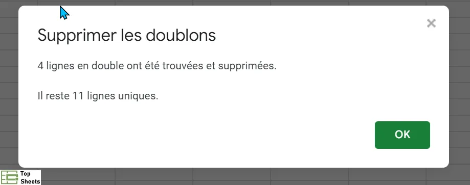 Vous obtiendrez l'invite suivante pour supprimer les lignes en double