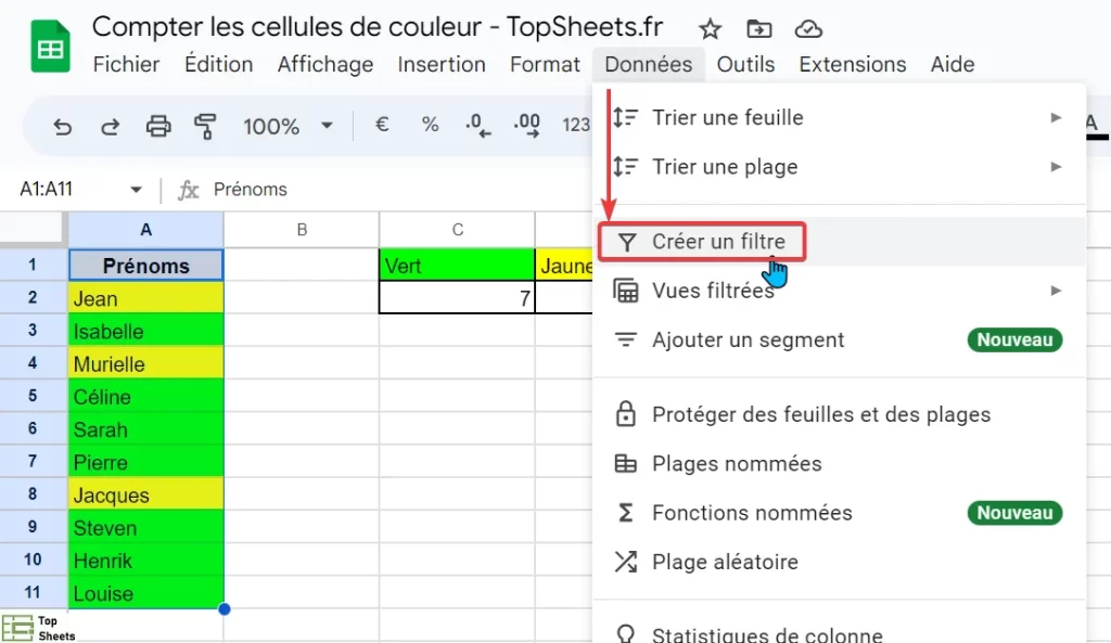 Compter les cellules de couleur dans Google Sheets (facile)
