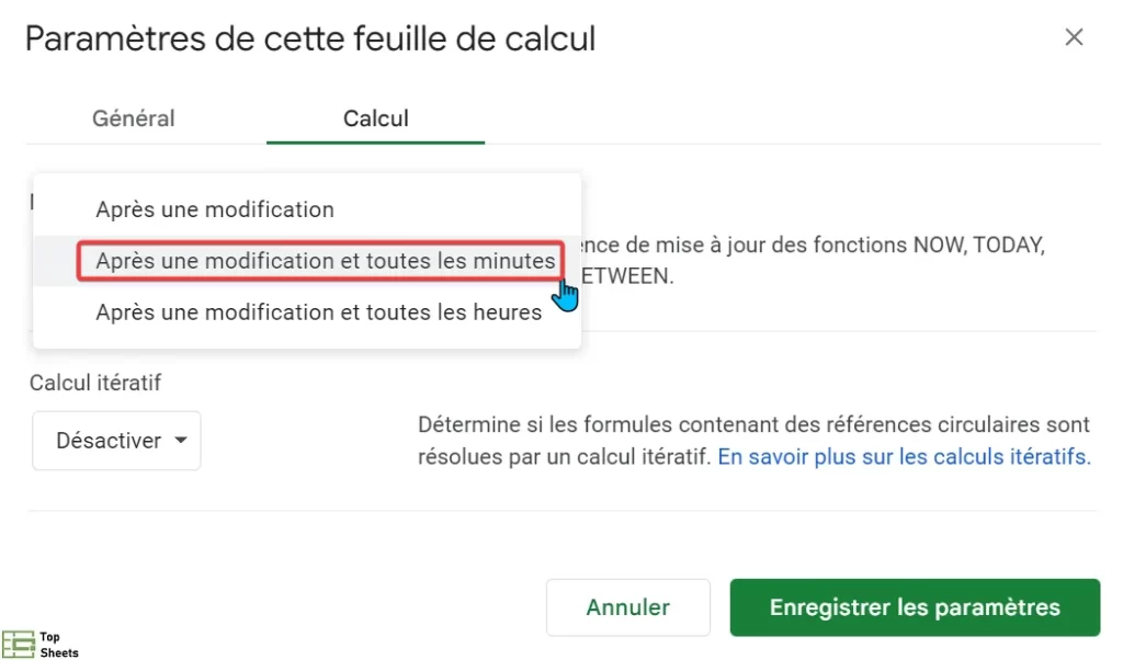 Cliquez sur Après une modification et toutes les minutes