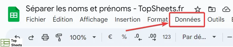 Cliquez sur Données dans la barre de menu