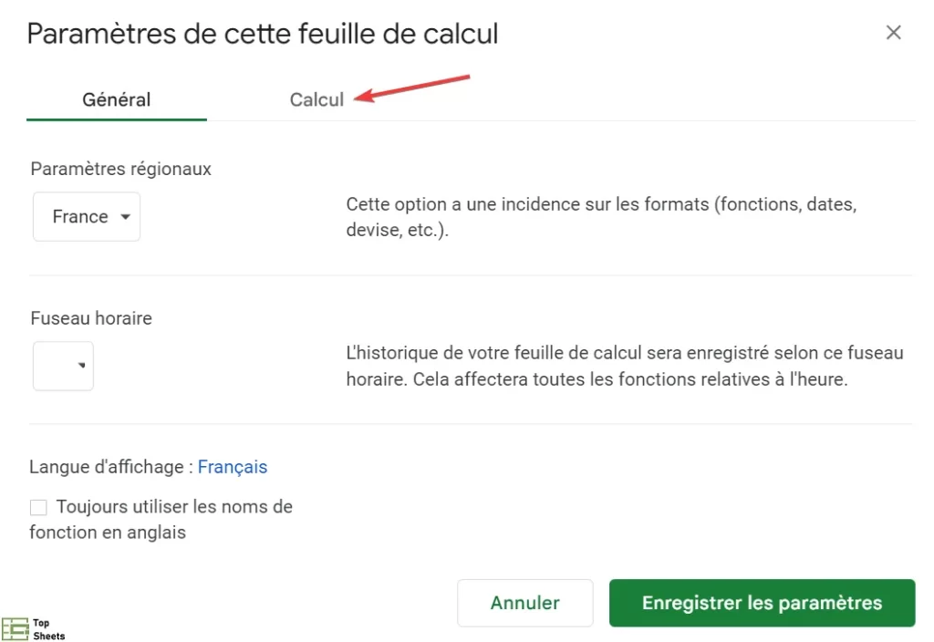 Cliquez sur l'onglet Calcul