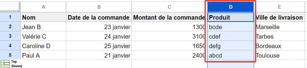 La colonne est déplacée et les autres colonnes s'ajustent en fonction du mouvement