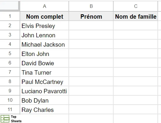 Plage de données avec des prénoms et des noms à séparer dans Google Sheets