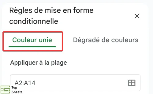 Sélectionnez Couleur unie dans le volet Mise en forme conditionnelle