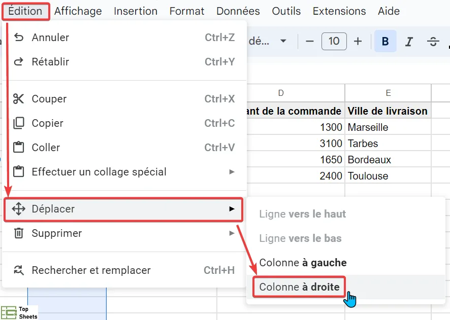 Sélectionnez Déplacer la colonne vers la droite