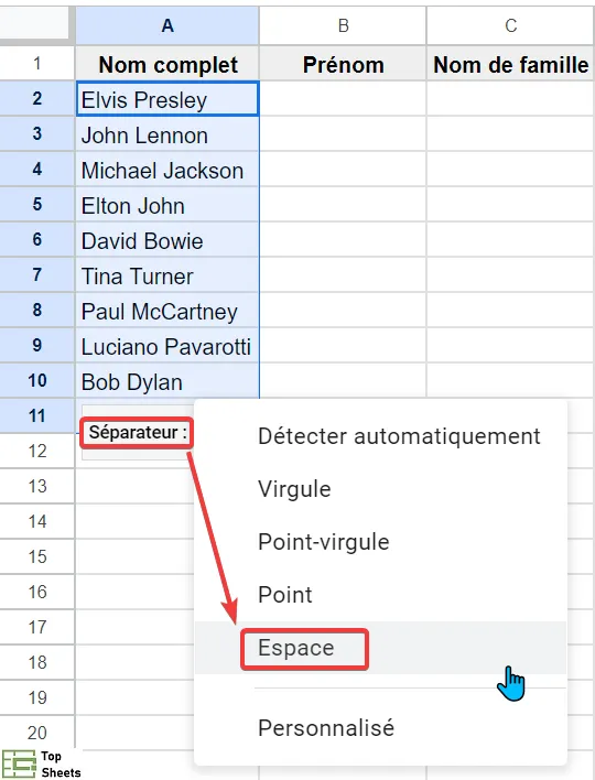 Sélectionnez Espace comme séparateur