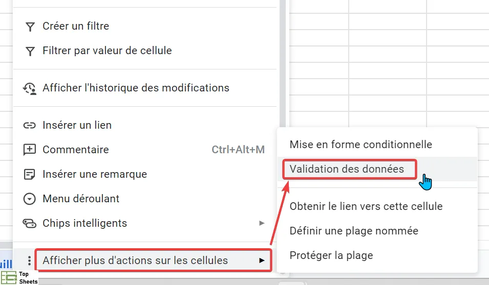 Une capture d'écran qui montre où se trouve la validation des données