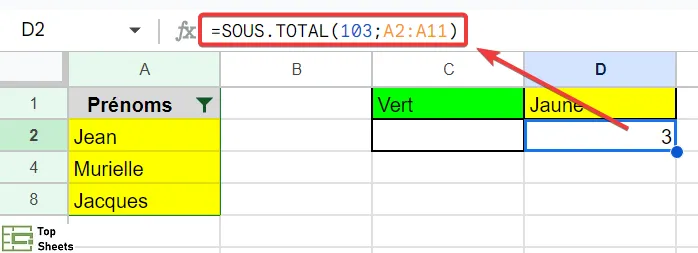 Vous pouvez maintenant utiliser la formule SOUS.TOTAL =SOUS.TOTAL(103; A2A11)