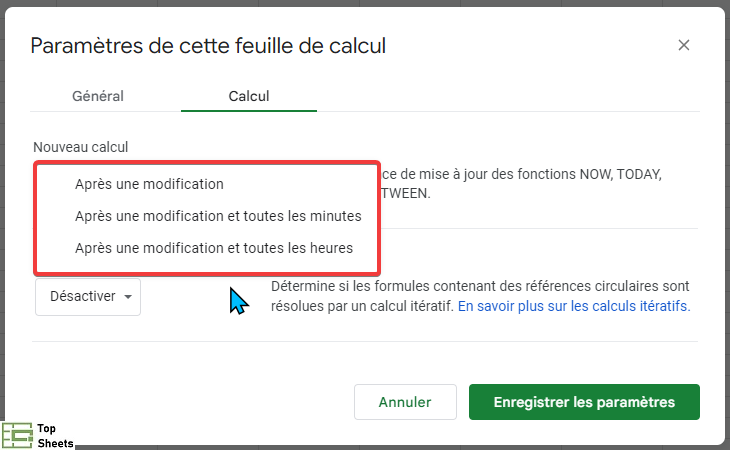 Paramètre de calcul dans Google Sheets