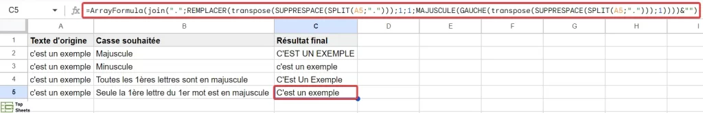 Une longue formule pour changer la casse dans Google Sheets