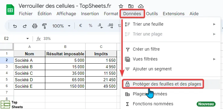 Accéder aux feuilles et plages protégées depuis le menu Données