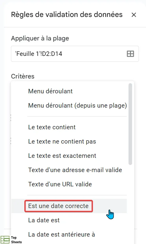 Allez dans Critères et choisissez Est une date correcte