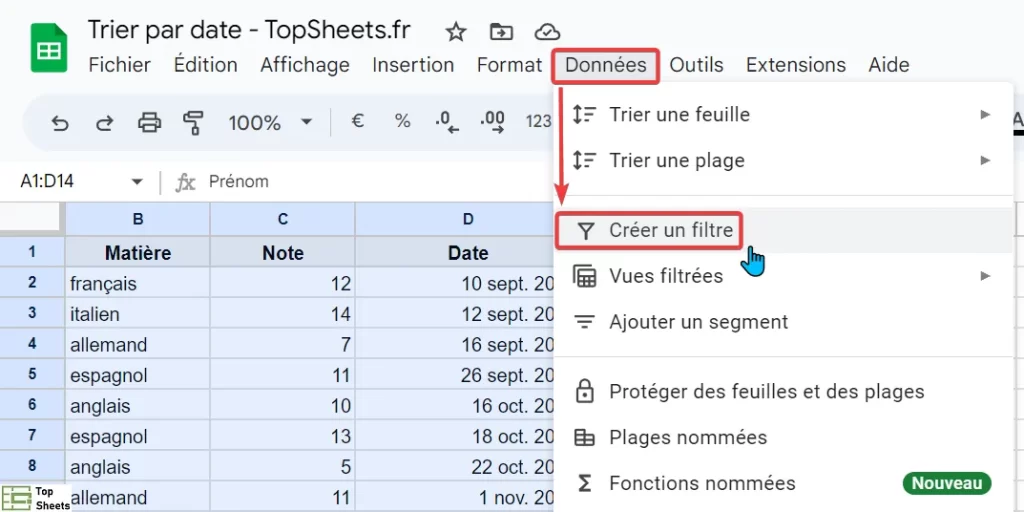 Allez dans Données Créer un filtre